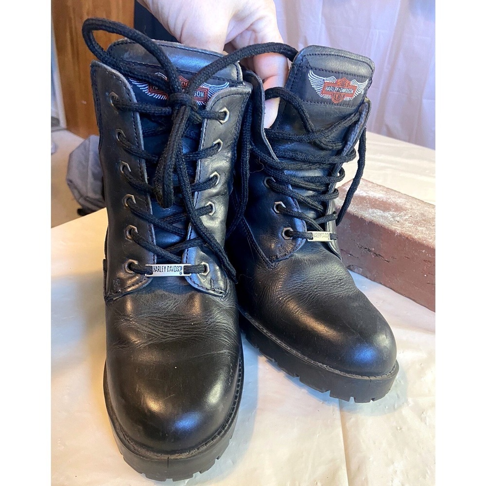 Harley Davidson Womens Black Leather Biker Boots Lace Up Chunky Heel Spain 8.5